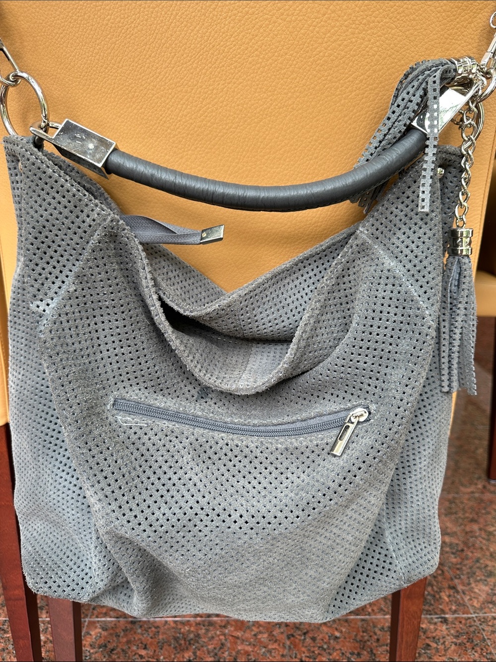 Bagatt Italian brand - Gray Suede Perforated Hobo Bag with Tassel